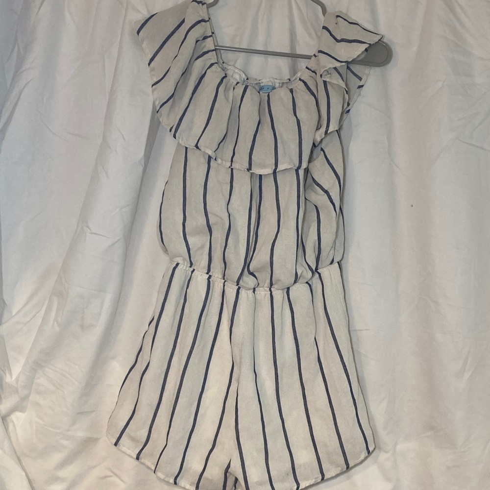 She + Sky Cream Ruffle Striped Romper